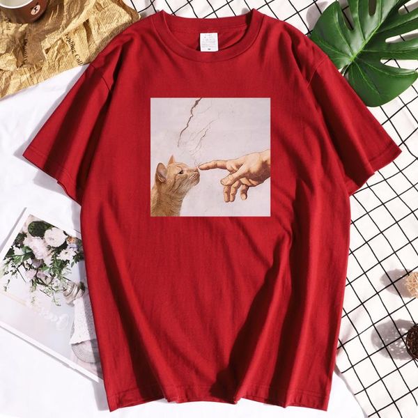 

women's t-shirt finger touching cute cat t shirts summer oversized thin section tee clothes breathable casual brand womens shirt, White