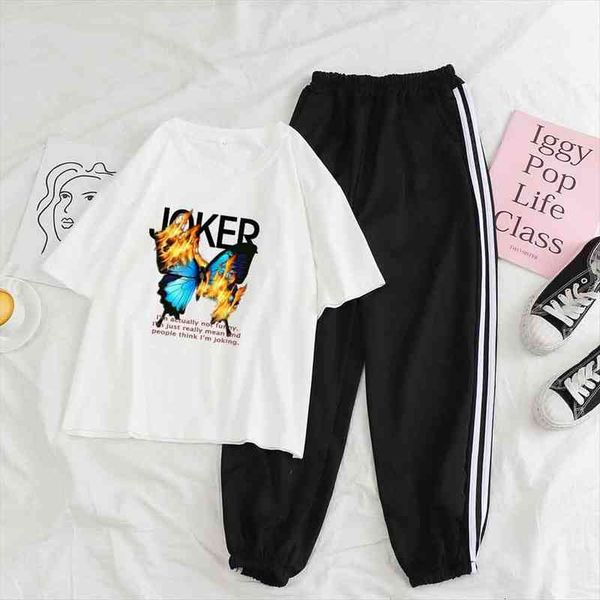 

urban streetwear pants suits for women 2 piece set trouser and butterfly print t shirt women fashion style, White
