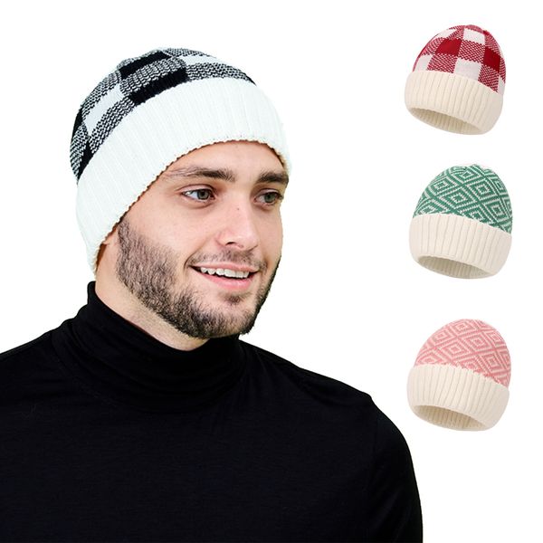 

plaid rhombus knitted woolen cap christmas warm comfortable cap winter men skullies beanies caps, Blue;gray