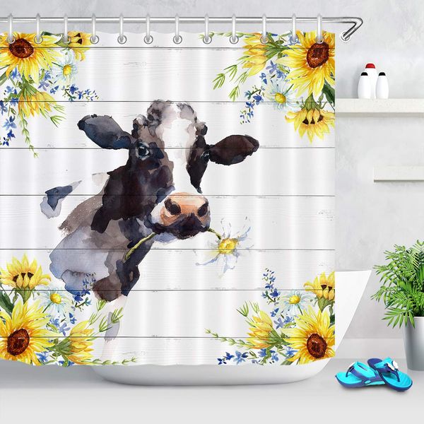 

milk cow shower curtain yellow flowers plants with cute farm animal cattle bathroom decor sunflower curtains for kids bathroom