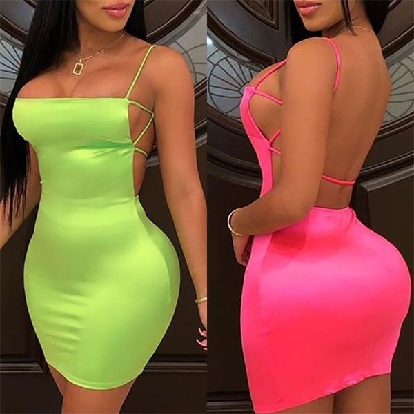 OMSJ Summer Street Neon Green Pink Bodycon Mini Abiti Vestidos Sexy Package Hips Mini Womens Party Club Dress Mini Dress 210331