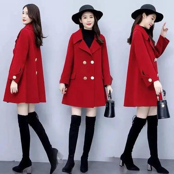 

women's wool & blends coat 2021 autumn winter female temperament double-breasted slim long woolen ladies loose overcoat clothes q202, Black