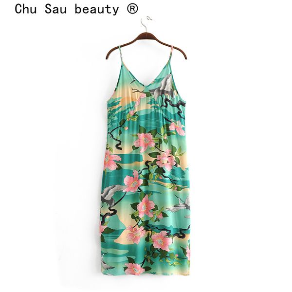 

chu sau beauty boho style fashion lotus print midi strap dress women holiday chic loose split dresses female beautiful beachwear 210508, Black;gray