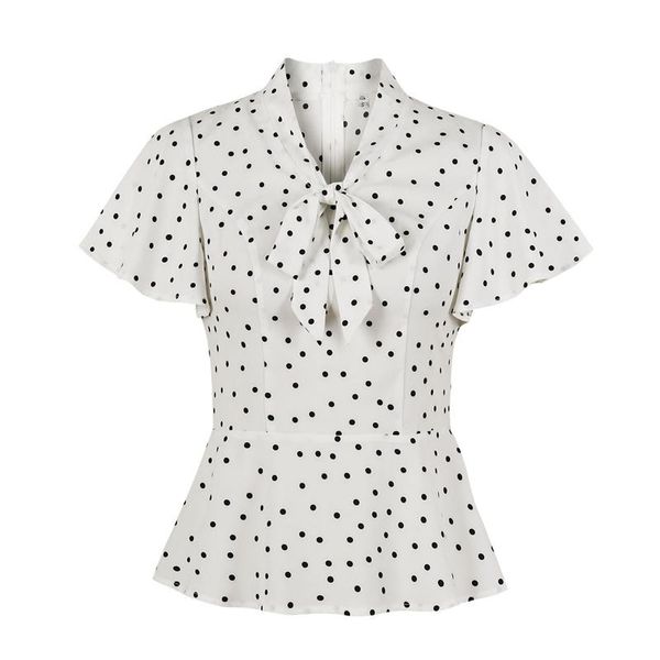 

women's blouses & shirts bohemian bow tie neck white women polka dot vintage blouse ruffle short sleeve 2021 summer elegant ladies 50s