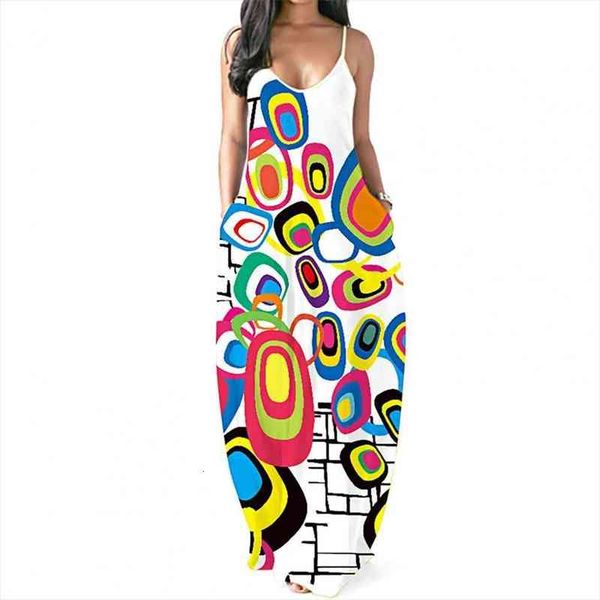 

women spaghetti strap printing v-neck pockets loose maxi dress sundress for beach, Black;gray