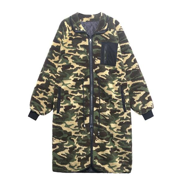 

women's fur & faux camouflage imitation lamb down coat 2021 winter cotton padded warm cotton-padded jacket medium length waist dress, Black