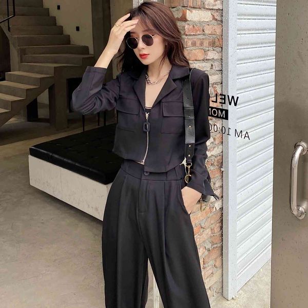 

arrival casual trousers +pocket zipper short coat women streetwear sets for work office trend suits 210427, White