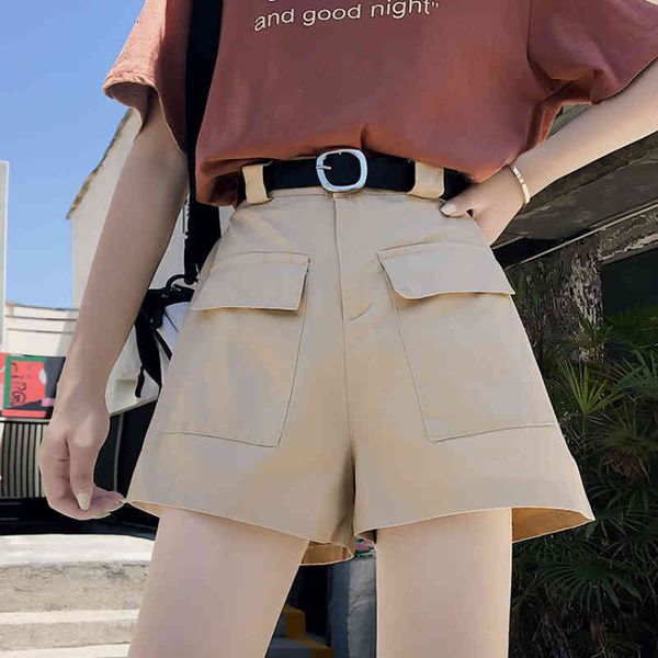 

shorts summer cotton wide-leg female big pockets loose korean leisure a- line casual shorts belt, White;black