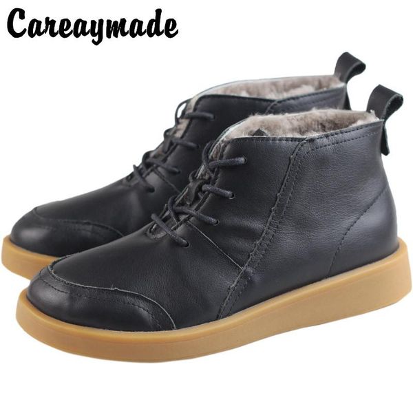 

boots careaymade-genuine leather casual snow women fur winter real wool short retro round head plush cotton shoes, Black