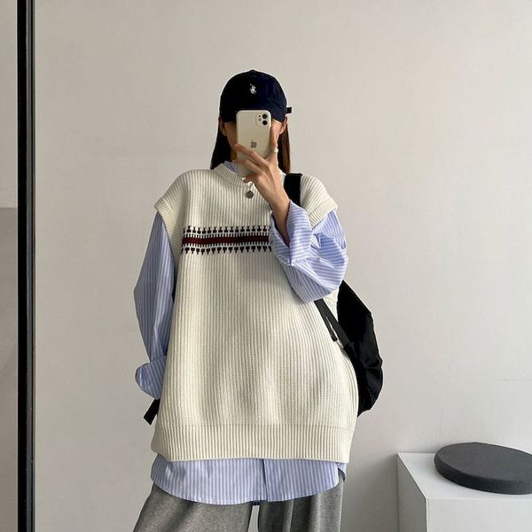 

women vest spring autumn fashion korean style sleeveless single-breasted jaet knit print vests o-ne all-match female coats, Black