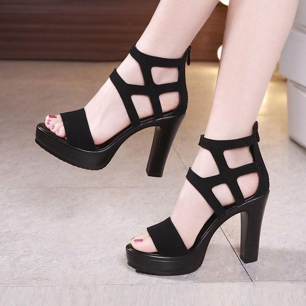 

summer hollow out sandal woman fashion platform party sandals back zipper high heels dress shoes, Black