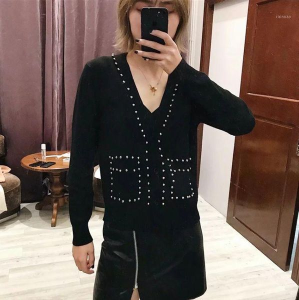 

women's sweaters hcbless women sweater 2021 spring beaded fake pocket v-neck cardigan wild, White;black