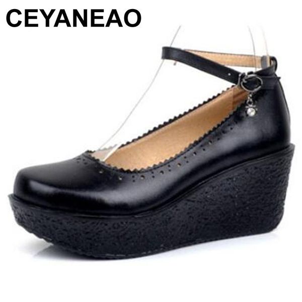 

dress shoes ceyaneaowomen brand high heels 2021 fashion wedges platform casual cow leather women heel shoese1499, Black