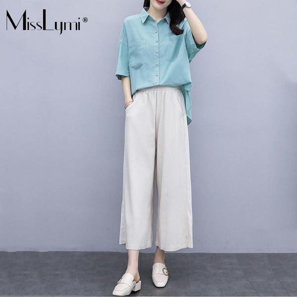 

plus size tracksuits l-4xl casual women's suit summer 2021 korean fashion loose asymmetry shirt and wide leg pants two piece set, Black