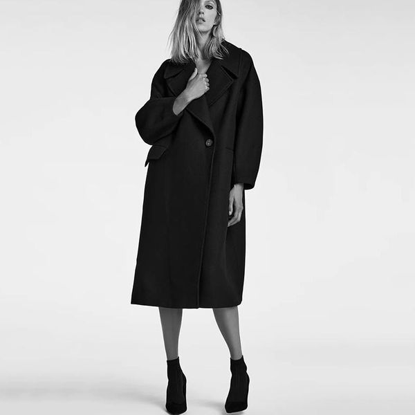 

women's wool & blends hwlzltzht 2021 winter fashion black woolen coat oversize elegant overcoats ladies casual solid loose long jacket