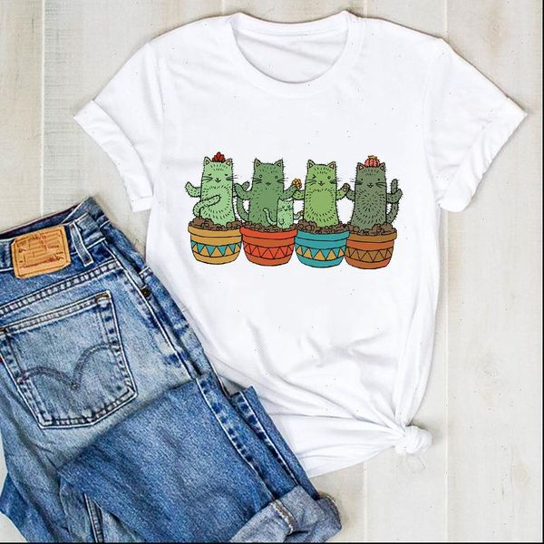 

women lady womens plant summer friends cactus print ladies t tee female shirt clothes graphic clothing, White