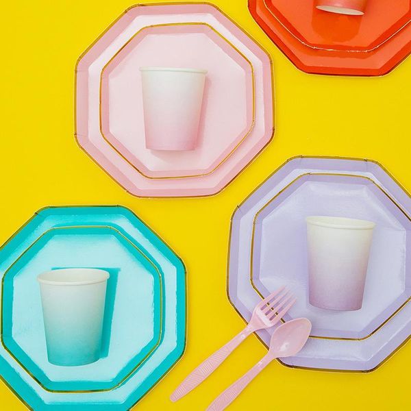 

disposable dinnerware multicolor tableware sets pink green solid color paper plate cups napkins wedding birthday party decoration supplies