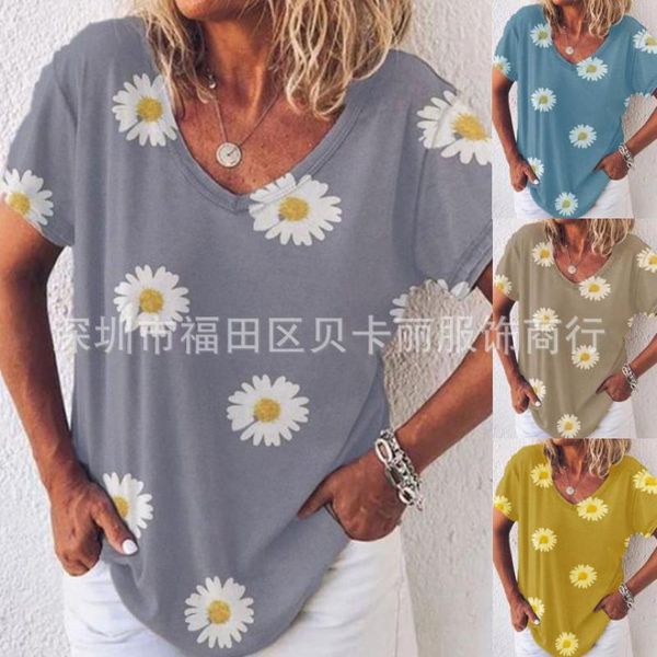 

women's t-shirt summer loose v-neck casual printing short sleeve wear, White