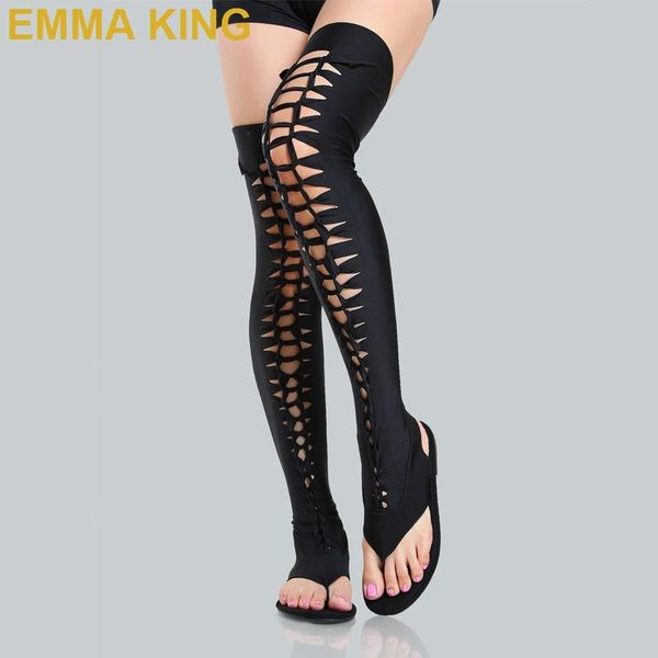 

boots black pu leather over the knee women sandals cutout flat gladiator open toe rome summer shoes woman 35-43