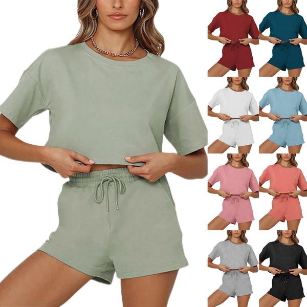 

gym clothing 2021 women's tracksuit summer female casual 2 pieces sports suit solid short sleeve pants running fitness, White;black