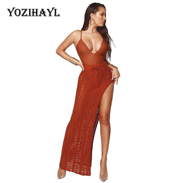 

skirts yozihayl fashion women knitted hollow out mesh skirt autumn transparent high split long button lace up club, Black