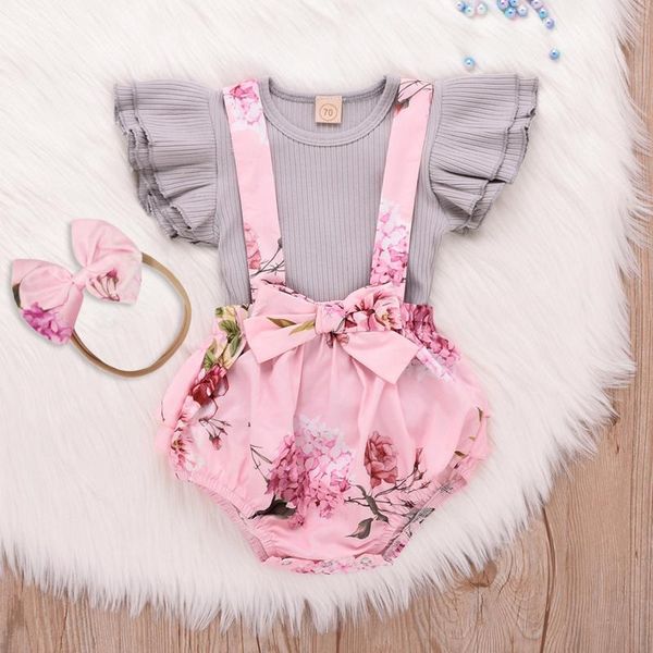 

clothing sets infant baby girl clothes ribbed knitted floral ruffled bow suspender pants toddler born bodysuit outfits, White