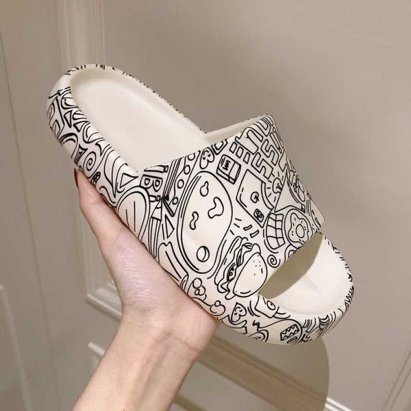 

women men summer slippers non-slip beach slide sandals flip flops cute graffiti soft sole comfort ladies couples bathroom shoes 210908, Black