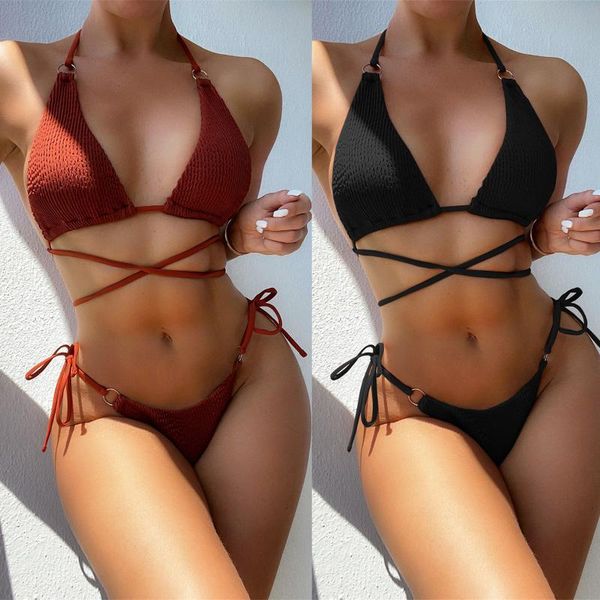 

one-piece suits 2 piece micro bikini criss cross swimwear bandage woman swimsuit female thong bikinis set ribbed bathing suit beachwear
