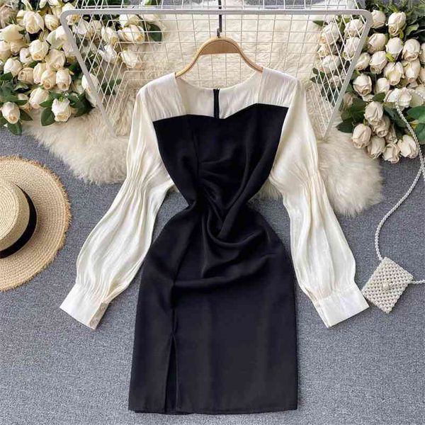 

women contrast color split buttocks dress square collar long sleeve slim fashion spring summer 11b574 210525, Black;gray