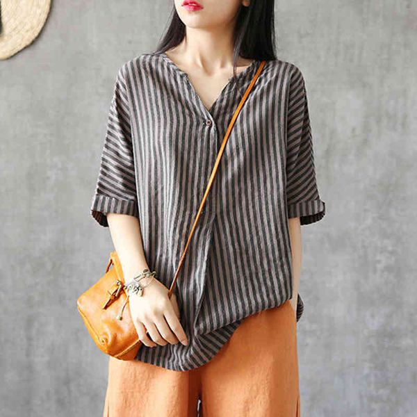 

100% cotton shirt women summer loose casual new mori girl style vintage v-neck striped woman blouses shirts p781 210412, White