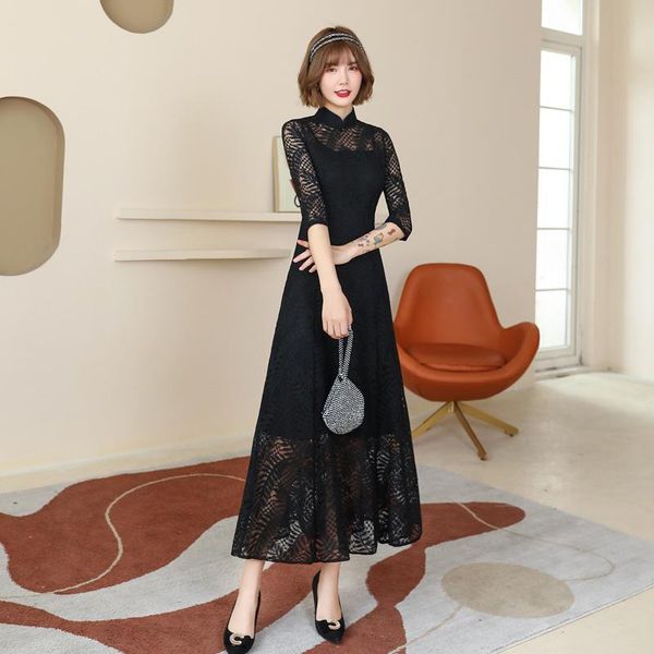 

black hollow out chinese a-line dress female elegant mandarin collar exquisite lace qipao 3/4 sleeve long novelty cheongsam ethnic clot, Red