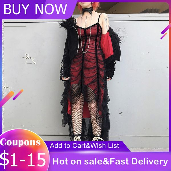 

rosetic mesh pleated strap goth dress women dark girl summer red black irregular patchwork designer long dresses 2021, Black;gray