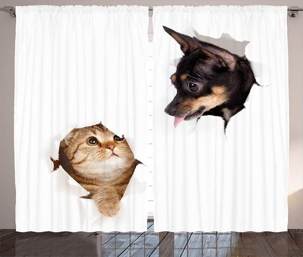 

curtain & drapes animal curtains cat and dog in paper side torn holes funny kitten puppy po print living room bedroom window white