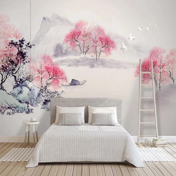 

wallpapers custom size wall chinese ink painting peach blossom mural self adhesive wallpaper living room bedroom backdrop home decor