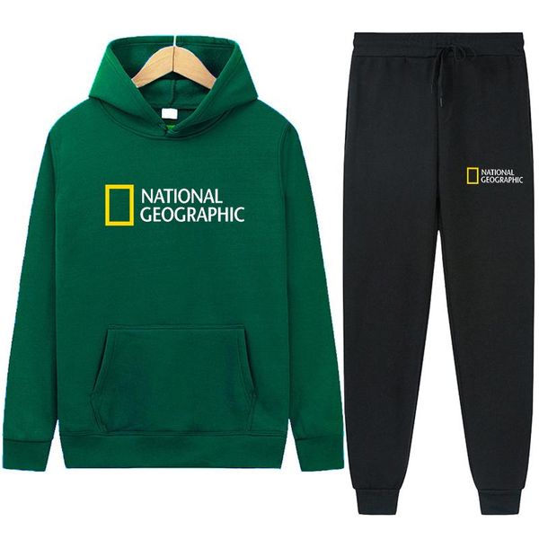 

men's hoodies & sweatshirts autumn and winter geography magazine sportswear fleece thick hooded suit casual ladies jacket + pants, Black