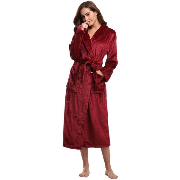 

women's sleepwear winter thicken flannel robe kimono gown women warm soft bathrobe casual loose home clothes long nightgown with pocket, Black;red