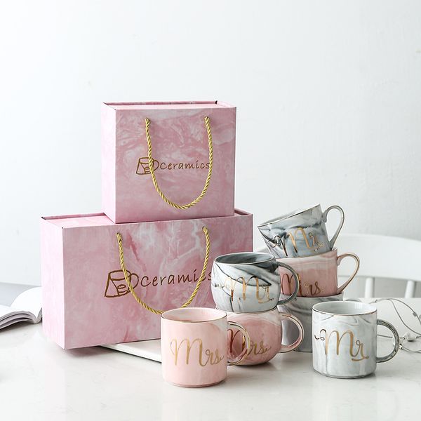 Luxury Pink Gold Mr Mrs Ceramica Marmo Caffè Matrimonio Sposi Regali per gli amanti Tazza in porcellana Tè al latte Tazza per la colazione