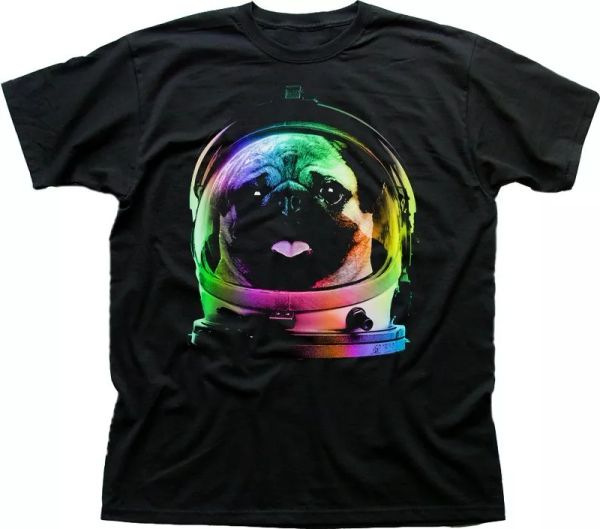 

Space Pug dog Nasa Space man Astronaut rocket black printed t-shirt FN9397, White;black