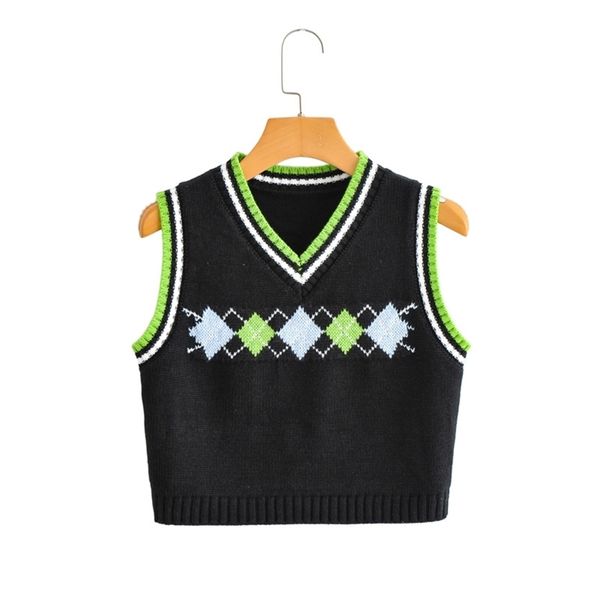 

women's check diamond jacquard v-neck sleeveless sweater vest casual knit waistcoat spring summer 210524, Black;white