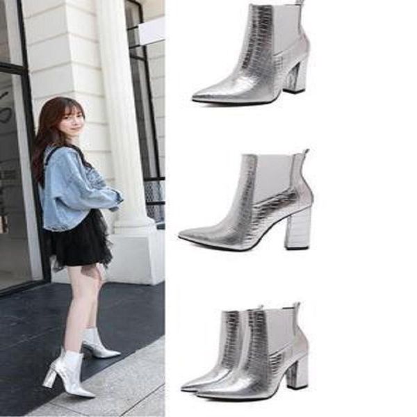 

boots 2021 women's fashion trend thick with high-heeled pointed booties, Black