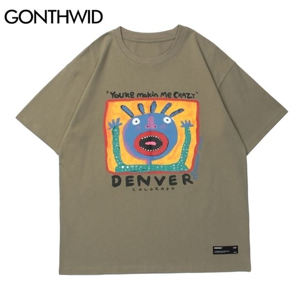 

gonthwid short sleeve tees hip hop men streetwear funny cartoon print cotton t-shirts fashion casual harajuku loose tshirts 210716, White;black