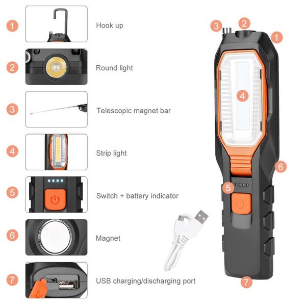 

work light inspection lamp hand torch magnetic usb rechargeable camping tent lantern with battery power bank flashlights torc torches