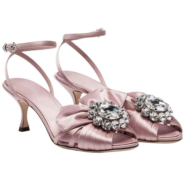 

summer women sandals high thin heel buckle solid crystal satin ladies shoes pink female heels, Black