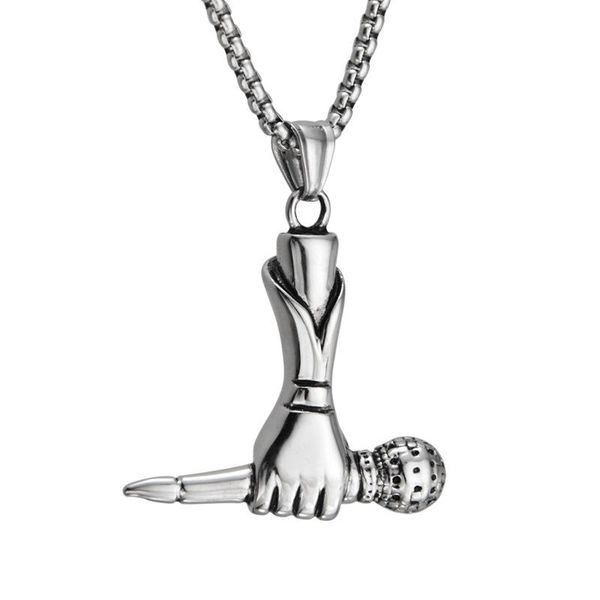 

pendant necklaces hip hop personality trend microphone hand titanium steel necklace hanging ornaments for men women, Silver