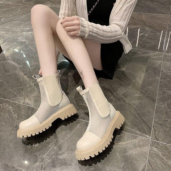 

women ankle boots summer women's black mesh lining high heel platform patchwork round toe shoes female leather