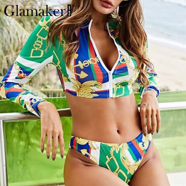 

glamaker brazilian long sleeve bikini set floral print bathing swimwear women swimsuit female push up bathers new biquinis 210414, White;black
