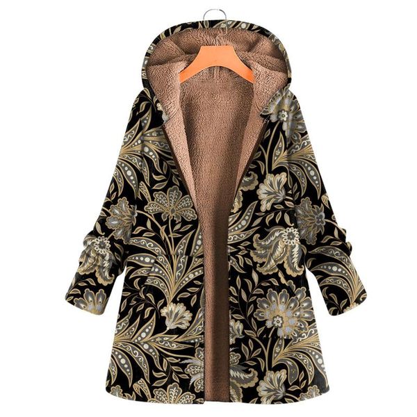 

women's jackets autumn winter vintage warm women casual printed hooded plush jacket plus fleece loose streetwear coat outwear, Black;brown
