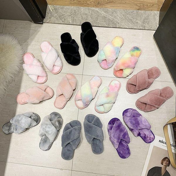 

winter women house slippers faux fur fashion warm shoes woman slip on flats female slides black pink cozyhome furry