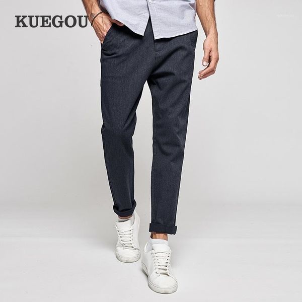 

kuegou cotton spring clothing men's casual pants lattice elastic waist long trousers gray tapered plus size ak-97941 jbkc, Black