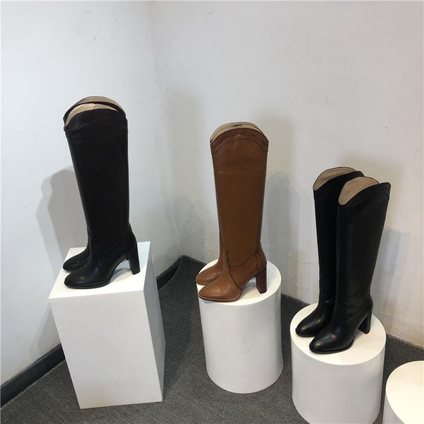 

boots autumn winter catwalk high heel cow leather flanging solid color shoes fashion knee length female women slip on, Black